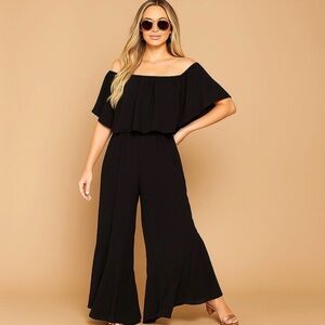 Peach Love California Off-Shoulder Wide Leg Jumpsuit Flowy Ruffle Overlay Small